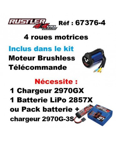 RUSTLER HD BLEU 4WD VXL, VITESSE 95KM/H (COMBO MODELISME SHOP) - TRAXXAS TRX67376-4-BLUE-2970G-3S