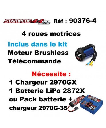 STAMPEDE HD BLEU 4WD VXL, VITESSE 95KM/H (COMBO MODELISME SHOP) - TRAXXAS TRX90376-4-BLUE-2970G-3S