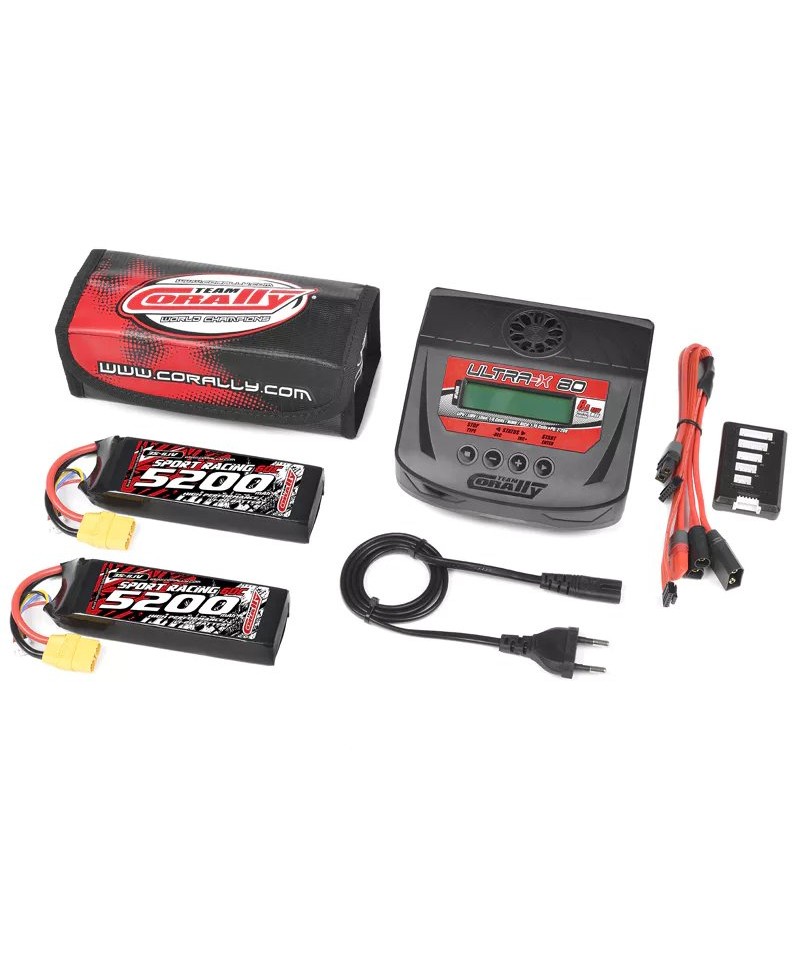 TEAM CORALLY - Pack Énergie - 2 LiPo 60C - 5200mAh - 3S - XT-90 - Chargeur Ultra-X 80 6S + Sac LiPo + Câble d'équilibrage