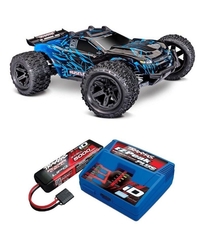 RUSTLER HD BLEU 4WD VX3, VITESSE 80KM/H (COMBO MODELISME SHOP) - TRAXXAS TRX67464-4-BLUE-2970G-3S